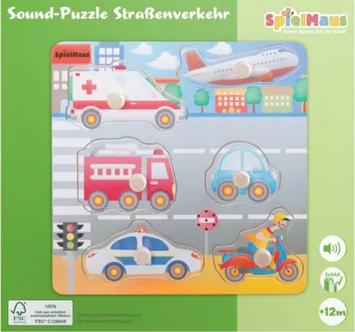 Productafbeelding van houten puzzel met verkeersthema en geluid - educatief speelgoed