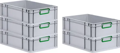 Produktbild von SuperSparSet 5x Eurobox NextGen Color | HxBxT 17x40x60cm | 34 Liter | Griffe grün geschlossen | Glatter Boden | Grau | Eurobehälter, Transportbox, Transportbehälter, Stapelbehälter
