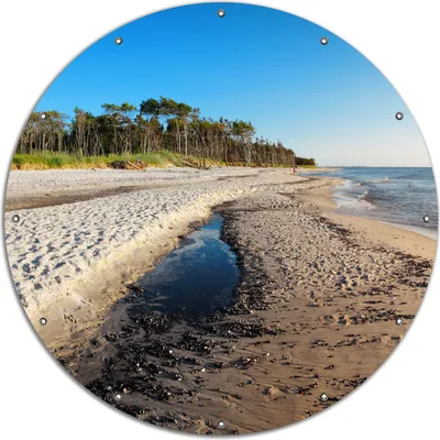 Produktbild von Wallario rundes Outdoor-Poster für Garten oder Balkon, Motiv Einsamer Strand am Meer - Blauer Himmel, 120 cm Durchmesser