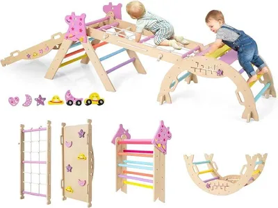 Imagen del producto de Estructura de juego triangular 4 en 1 con red de escalada, arco de escalada, balancín y escalera. Estructura de escalada con rampa de doble cara y juego de bloques. Triángulo de escalada de madera para niños a partir de 1 año (diseños: Macaron, Unicornio)
