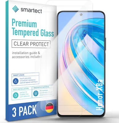 A product package for screen protectors for a smartphone, with a smartphone displaying a colorful wallpaper shown next to it.