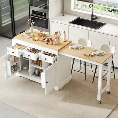 Produktbild von Mobile Kücheninsel auf Rollen Ausziehbar Weiß Natur Küchenwagen mit Gewürzregal Schubladen Servierwagen Küchentheke Esstisch MDF 124.3x45x92cm