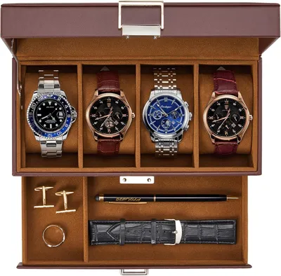 Productafbeelding van Houten horlogebox met 4 vakken, 2 niveaus en een glazen deksel, voor het opbergen van horloges