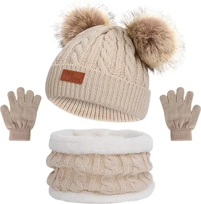 Produktbild von Mütze Set Jungen Mädchen,Mütze und Halstuch Baby Set,Bommel Beanie Strickmütze,Baby Mütze Beanie Strickmütze,Schal Mütze und Handschuhe,Kinder Wintermütze Schal Handschuhe,für Kinder 1-5 Jahre Rosa