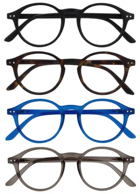 Produktbild von OPULIZE REY Lesebrille - 4er-Pack - Runder Retro-Rahmen - Mattschwarz, Braunes Schildpatt, Blau, Grau - Herren Damen - Federscharniere - RRRR56-1237 - +3.00
