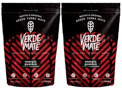 Produktbild von Verde Mate - Mate Tee Energia Guarana 2x500g - Dicke Blätter 5mm - Starker Wachmacher - mit Guarana, Goji-Beeren - Ohne Stängel - Brasilien