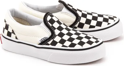 A pair of Vans Classic Slip-On checkerboard shoes on a white background.