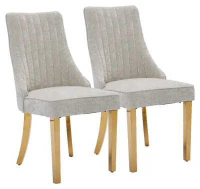 Produktbild von 2er-Set Chenille-Esszimmerstühle mit hoher Stepplehne und goldfarbenen Beinen, Beige