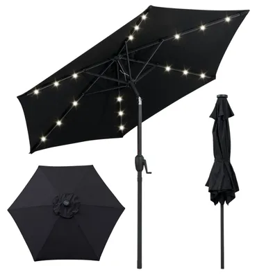 Image de Parasol COSTWAY 230 cm avec éclairage solaire à LED, 6 baleines et manivelle, parasol de jardin inclinable de 35° des deux côtés, parasol de terrasse noir