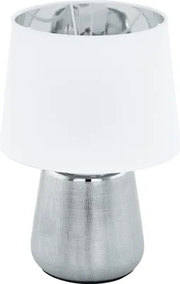 Obrázek produktu pro EGLO Manalba 1 stolní lampa, textilní noční lampa z keramiky ve stříbrné barvě a stínidlo z látky v bílé a stříbrné barvě, stolní lampa do obývacího pokoje, E14