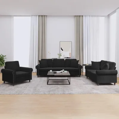 Produktbild von vidaXL 3-tlg. Sofagarnitur mit Kissen Schwarz Samt