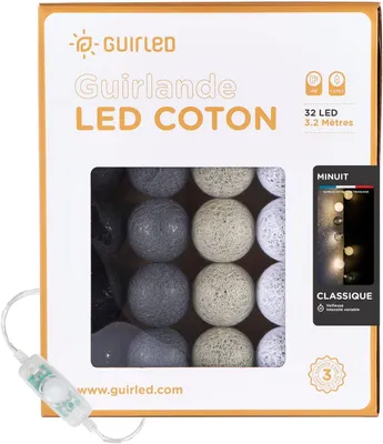 Productafbeelding van Lichtsnoer met bollen van katoen - USB - Babylicht - 2 uur - Voedingsadapter met 2 A - 3 intensiteiten - 32 ballen