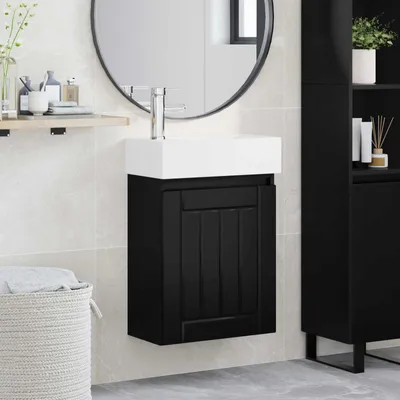 Produktbild von Möbel Badezimmer Waschtischunterschrank mit Wasserhahn Schwarz - Badspiegel CC2786
