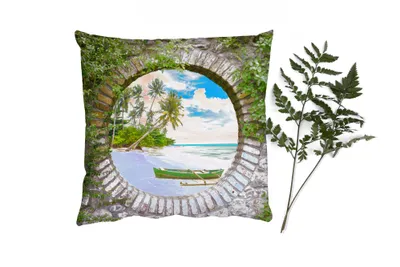 Produktbild von MuchoWow® Zierkissen Sofakissen Wohnzimmer Dekokissen 45x45 cm Strand - Palme - Aussicht - Kanu - Schlafpolster - Polster für das Sofa
