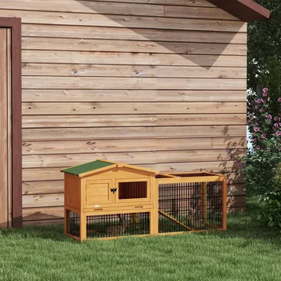 Produktbild von Sweiko Hasenstall 2 Ebenen Kaninchenstall Tannenholz Winterfest Doppelstockhaus mit Freilaufgehege Rampe 150x52x68 cm Gelb