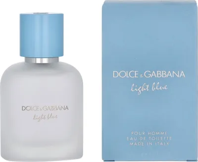A bottle of Dolce & Gabbana Light Blue Pour Homme Eau de Toilette and its packaging are displayed side-by-side against a white background.