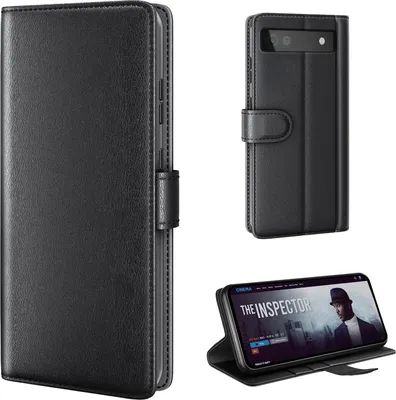 Produktbild von Echtleder Handyhülle für Google Pixel 6a Lederhülle Cover Case Tasche Klapphülle Fliphülle Leder Hülle Farbe: Schwarz