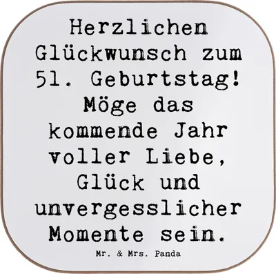 Produktbild von Mr. & Mrs. Panda Untersetzer für Gläser Spruch 51. Geburtstag - Weiß - Geschenk, Freunde, Tassenuntersetzer, Glückwunsch, Glückwünsche, Geburtstagsgeschenk, Coaster