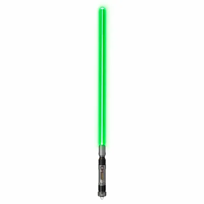 A green lightsaber with a silver and gray hilt is displayed vertically against a white background.