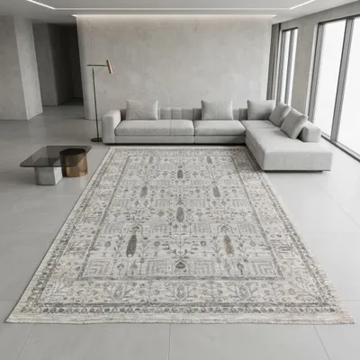Image de Tapis moderne crème avec motif ornemental, bordure et franges. Dimensions : 160 x 230 cm