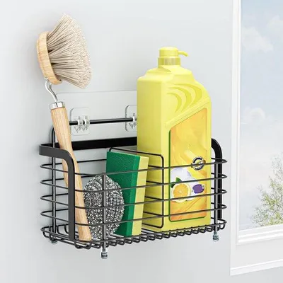 Obrázek produktu pro Černý kovový držák na houbičku na nádobí, montáž na zeď