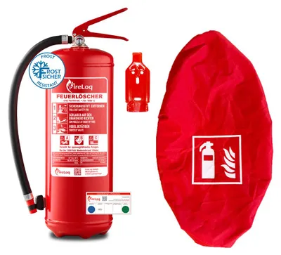 Produktbild von FireLoq® 6kg Pulver Feuerlöscher mit roter Schutzhaube mit Prüfnachweis und Manometer