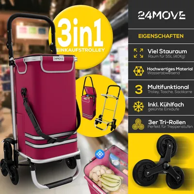 Produktbild von 24MOVE® Einkaufstrolley ALEGRE 3in1 Trolley faltbarer Einkaufswagen mit Kühlfach, rot