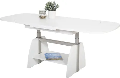 Produktbild von Funktionscouchtisch Colin oval - Nachbildung Weiß - höhenverstellbar mit Lift und ausziehbar - großer Ablageboden - Maß 108-157x67cm