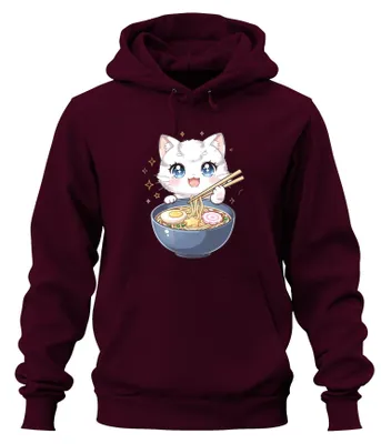 Obrázok produktu pre Mikina s potlačou "Kawaii Anime Mačka Ramen Nudlová Polievka Japonská Neko", roztomilý dizajn, uni, farba: bordová, veľkosť: XL