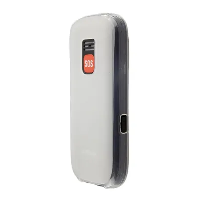 A side view of a white and dark gray mobile phone case with an orange SOS button.