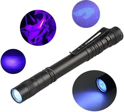 Immagine prodotto di Torcia portatile a LED UV con luce nera a 395 nm, nera, piccola, alimentata a batterie