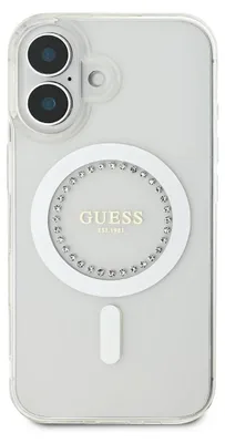 Immagine prodotto di Guess, custodia protettiva per iPhone 16 con anello MagSafe con strass, bianco