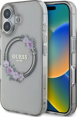 Produktbild von GUESS case passend für IPHONE 16 kompatibel mit MagSafe GUHMP16SHFWFCK (IML Flowers Wreath) black