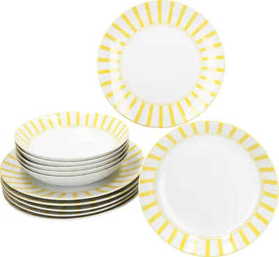 A set of white ceramic plates and bowls with yellow stripes, arranged on a white background.