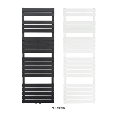 Two towel radiators, one black and one white, are shown side-by-side against a white background.