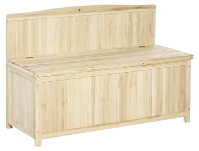 Produktbild von Stauraumbank Tannenholz wasserlackiert, 115x45x75 cm, Natur, inkl. Staufach, wetterfest, ergonomische Rš¹ckenlehne