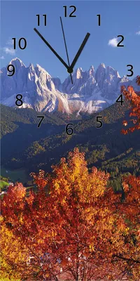Produktbild von Wallario Design Wanduhr Herbst im Gebirgstal unter blauem Himmel aus Echtglas, Größe 30 x 60 cm
