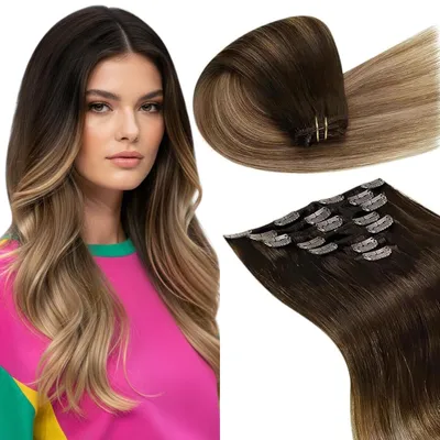 Image de Extensions à clipser, cheveux naturels, effet ombré, brun moyen, blond cendré, qualité Remy, 55 cm, 7 pièces, 120g