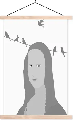 Produktbild von MuchoWow® Textilposter Mona Lisa - Vögel - Schwarz - Weiß 120x180 cm mit holzfarbenen Rahmen - Textil-Plakat