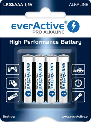 Produktbild von everActive AAA Batterien 4er Pack, Pro Alkaline, Micro LR03 R03 1.5V, höchster Leistung, 10 Jahre Haltbarkeit, 4 Stück – 1 Blisterkarte