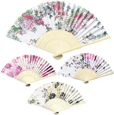 Produktbild von 4 Stück Handfächer, Faltbare Fächer, Faltfächer Faltbarer, Fecher Sommer, Taschenfächer, StofffäCher Faltbar, Klein Handfächer aus Stoff for Party tanzende Hochzeits Haus Dekorationen