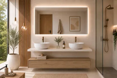 ORIGEN BATH CERDEÑA Badmöbel mit Platte und 2 Aufsatzwaschbecken, 120 cm, Estepa