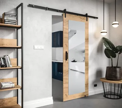 Obrázok produktu pre Posuvné dvere s kovaním a zrkadlom LEONTINA 2 - 90 cm, dub craft