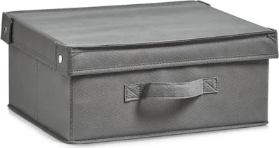 A gray fabric storage box with a lid and handles is shown against a white background.