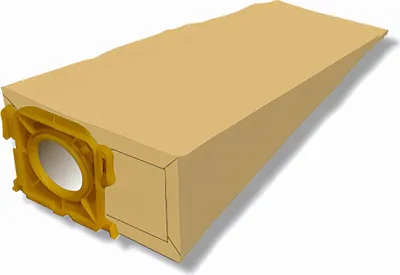 A single vacuum cleaner bag with a yellow plastic connector is shown against a white background.