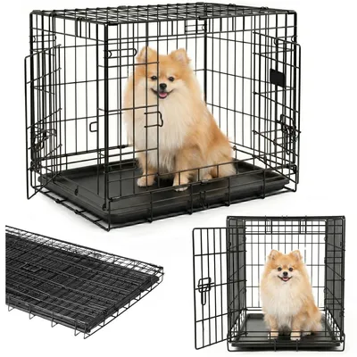Obrázek produktu pro Přepravka pro psy, 61.5x44x52 cm, pro domácnost i do auta, skládací, kovová, se 2 dvířky a odnímatelnou vaničkou, klec