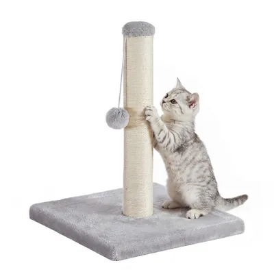 Obrázek produktu pro FEANDREA, kočičí škrábací sloupek z přírodního sisalu, stabilní kočičí strom s hračkami pro velké kočky, rozměry 40 x 40 x 44 cm, světle šedá barva