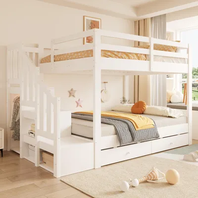 Productafbeelding van Stapelbed 140 x 200 cm, kinderbed met opbergladder, kledingroede, veiligheidsrek en 2 lades, lattenbodem, tweepersoonsbed, hout, wit