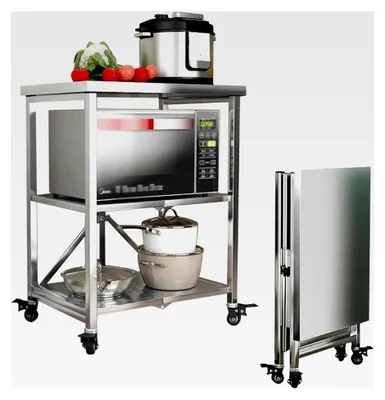Produktbild von Servierwagen mit Rollen, 3 Ablagen, faltbar, Edelstahl, Rollwagen für die Küche