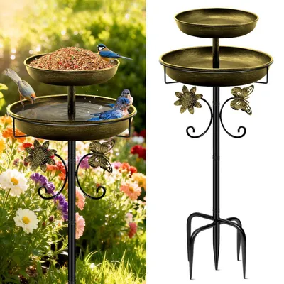 Produktbild von Vogeltränke Stehend 2-in-1 Vogelbad & Futterspender Metall Antik Gold 30,5cm